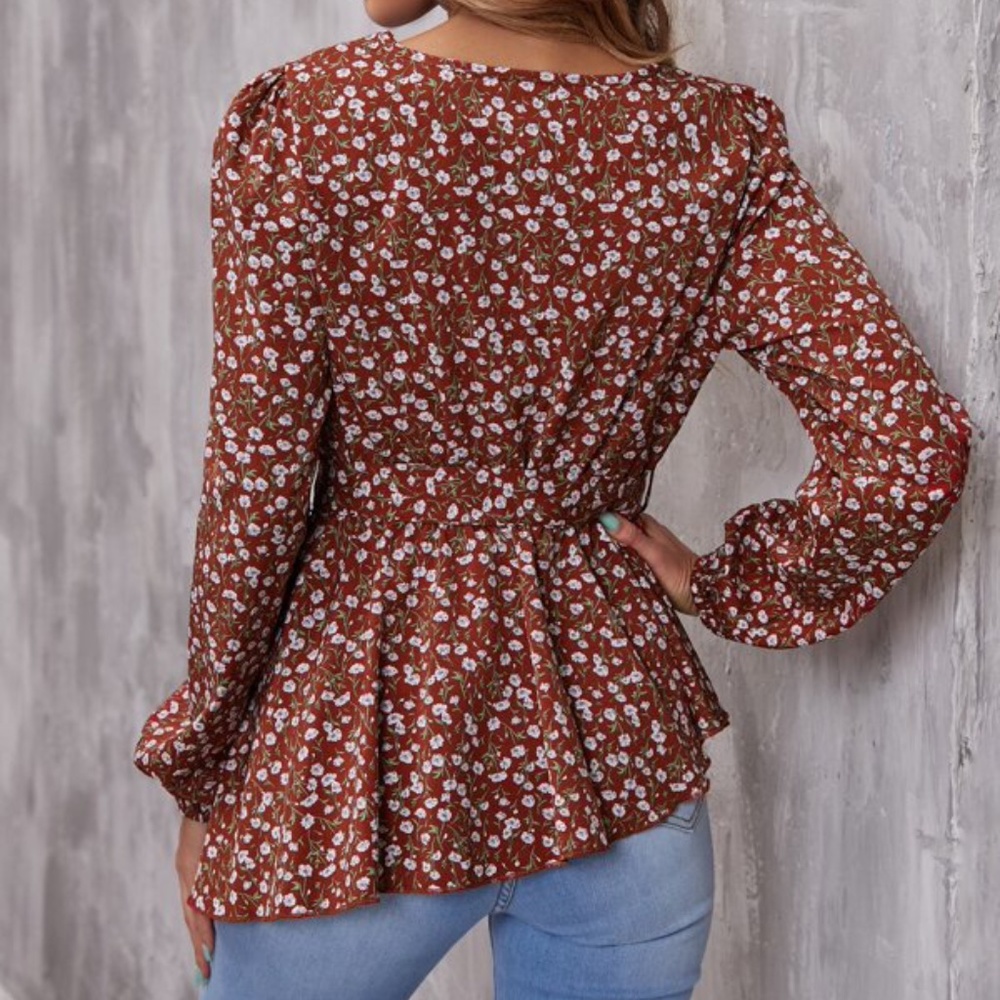 Bohemian Floral Print Lantern Sleeve Top Cottagecore - Picture 3 of 5